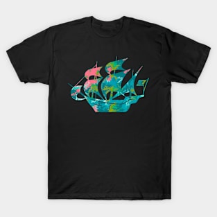 Galaxy Shores Discover Liquid Art Sailing Ship Silhouette T-Shirt